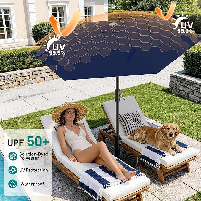 AreShark 7.5FT Patio Umbrella Table Market Umbrella with 6 Sturdy Ribs, Button Tilt/Crank Heavy-Duty Round Outdoor Umbrellas for Garden, Deck, Backyard,and Pool, Navy