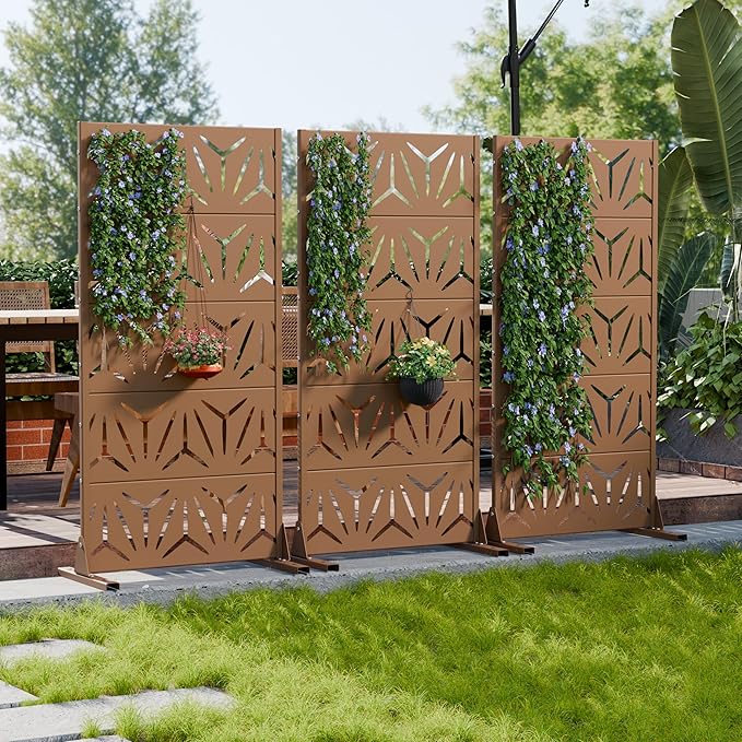 Casaphoria Metal Privacy Screen Outdoor, 60" H x 30" W Freestanding Decorative Privacy Screen for Patio Deck Balcony Garden with Stable Base, Brown-Star