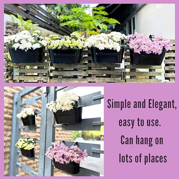 LaLaGreen Rail Planter Outdoor Plants(11.8 Inch, 8 Pack) Black Metal Iron Hanging Flower Pots Deck Railings Fence Buckets Modern Countryside Boho Style Wall Mount Window Box Plant Holder Porch Decor