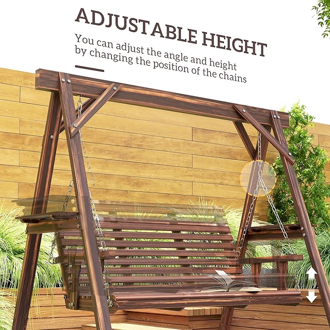 Outsunny 3 Seat Porch Swing with Stand, Wooden Patio Swing Chair with Side Tables and Metal Chains, Outdoor Swing Bench for Garden, Poolside, Backyard, Carbonized Brown
