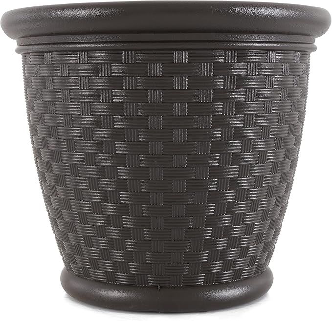 Suncast 4 Pack Sonora 18 Inch Lightweight Durable Plastic Wicker Decorative Flower Planter Pot for Yard, Garden, Indoor or Outdoor Use, Brown