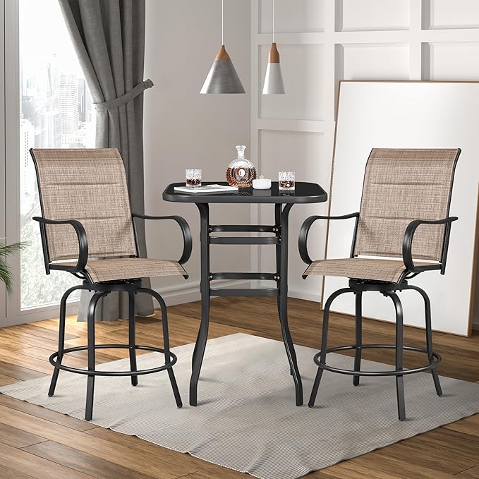 Yaheetech 2 Piece Patio Swivel Bar Stools Texteline Bistro Chairs with High Back/Armrest/Footrest, All Weather Padded Seating Outdoor Furniture Chairs for Outside, Lawn & Garden?Black/Brown