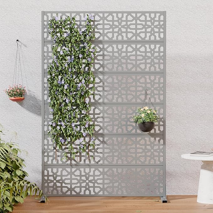 Casaphoria Metal Privacy Screen Outdoor, 72" H x 47" W Freestanding Decorative Privacy Screen for Patio Deck Balcony Garden with Stable Base, Grey-Perilla