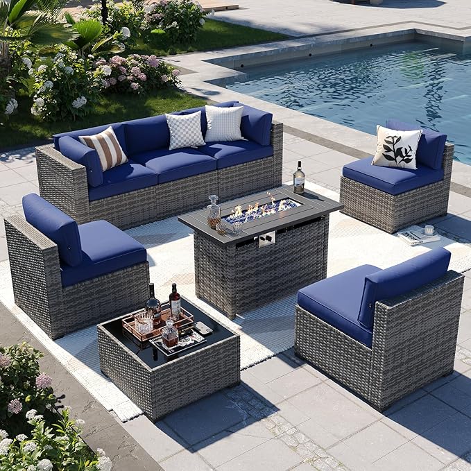 Aoxun Patio Furniture Sets, 8-Piece Outdoor Patio Furniture with 44'' Propane Gas Firepit Table, Wicker Outdoor Conversation Set Sectional Sofa for Backyard, Poolside, Garden