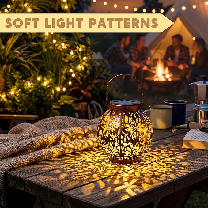 JOIEDOMI 2 Pack Outdoor Solar Hanging Lantern Lights, Waterproof Tabletop with Handle, LED Moroccan Lanterns, Metal Decorative Garden Solar Lights Spring for Patio, Lawn, Porch, Backyard