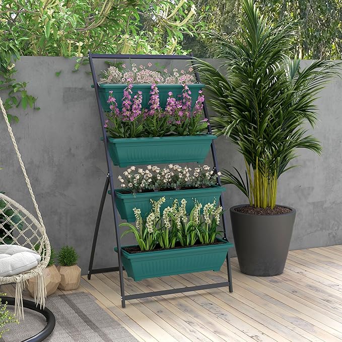 Outsunny Raised Garden Bed, 4 Tier Vertical Garden Planter Set, 4 Outdoor Planter Boxes with Stand, Self Draining Design Elevated Garden for Vegetable, Flowers & Herbs, Green