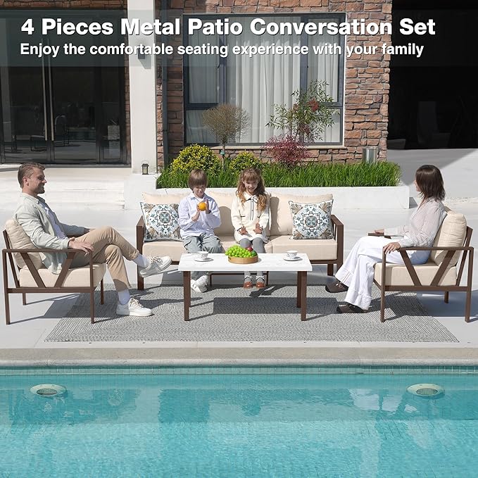 Outdoor Patio Furniture Set, 4 Pieces Metal Patio Furniture Set with Coffee Table, Modern Outdoor Patio Conversation Seating Set with 6” Thick Cushions, Upgrade Beige