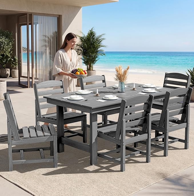SERWALL Patio Dining Sets for 6 Person, HDPE Dining Set with 6 Armless Chairs, Gray