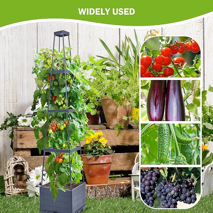 GENMOUS Raised Garden Bed with Tomato Planter Box Trellis, 56'' Tomato Cages for Garden, Tomato Planter Cage for Patio for Climbing Plants Vegetable Vine Flowers Outdoor & Indoor, 2 Pack