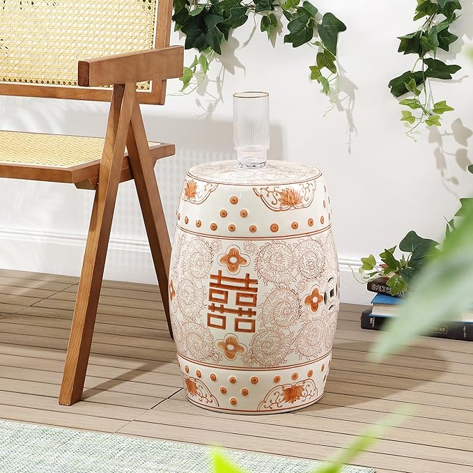 JONATHAN Y TBL1013D Double Happiness 18" Chinoiserie Ceramic Drum Indoor/Outdoor Garden Stool Bohemian, Coastal, Classic, Cottage, Traditional, Patio, Garden, Bathroom, Living Room, Orange/White