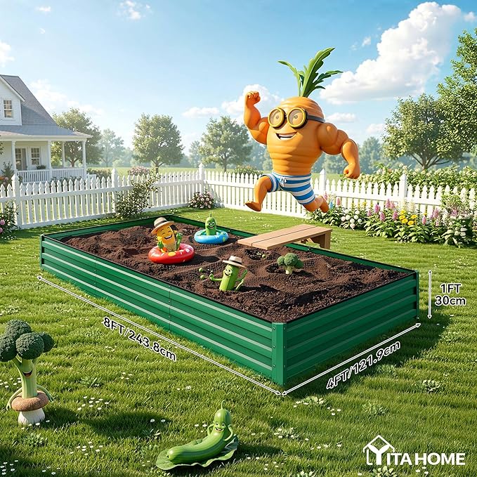 YITAHOME 8x4x1ft 2pcs Large Raised Garden Bed Kit, Galvanized Metal Planter Box with Gloves, Ground Nails & Safety Rubber, Outdoor Above Ground Planters for Plants Vegetables Flowers, Green