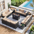 Aoxun 15 Piece Patio Furniture Set with 44” Fire Pit Table Wicker Rattan Patio Sectional Sofa Set Outdoor Seating Furniture with Thickened Cushion, Beige