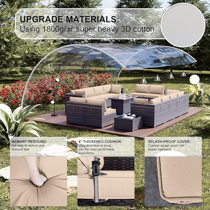 Kullavik 15 Pieces Outdoor Patio Furniture Set with 43" 55000BTU Gas Propane Fire Pit Table PE Wicker Rattan Sectional Sofa Patio Conversation Sets,Sand
