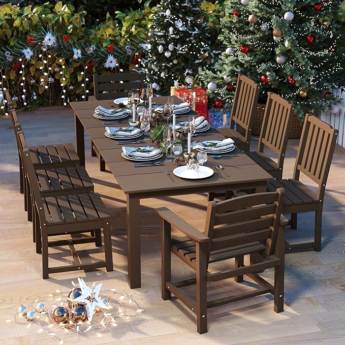 Brown 9-Piece Outdoor Dining Set with Beige 11FT Cantilever Umbrella, 75.2'' HDPE Table & Chairs for 8, Weather-Resistant Furniture with Umbrella Hole for Patio, Lawn, Poolside