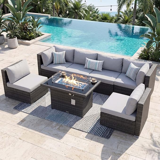 NICESOUL High-End Outdoor Patio Furniture Set with Natural Gas/Propane Firepits, 7 Piece Large Wicker Sectional Couches with Fire Table, 29.3'' High Back Deep Seating Comfy Conversation Sofas, Gray
