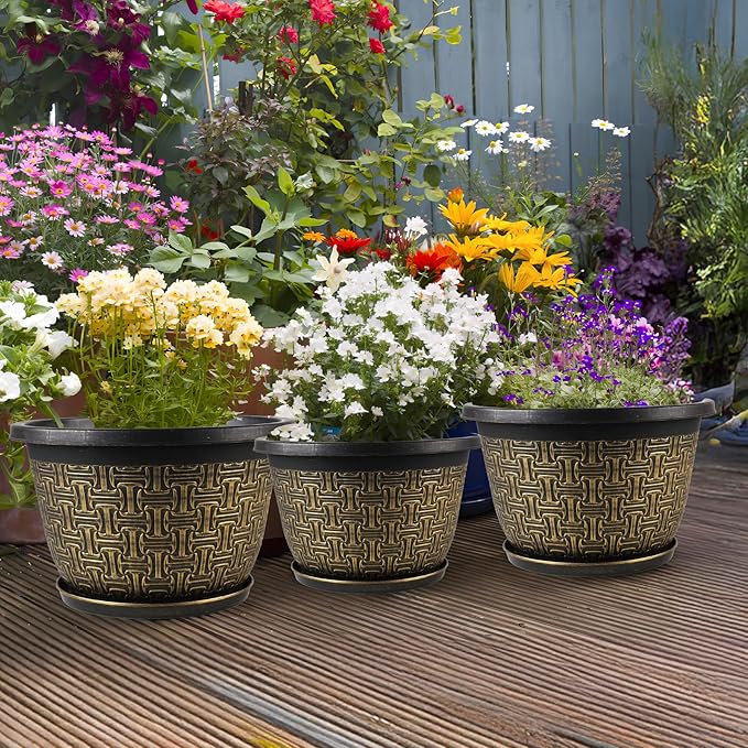 10 Inch Plant Pots, 4 Pack Flower Pots Outdoor with Drainage Holes & Trays, Retro Antique Imitation Decorative Garden Plastic Pots for Plants Indoor Sets for Houseplants