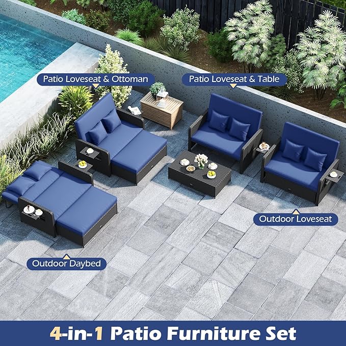 Tangkula Patio Rattan Daybed with 4-Level Adjustable Backrest, Outdoor PE Wicker Loveseat with Storage Ottoman & Folding Side Tray, Double Sunbed Lounger for Balcony, Backyard & Poolside (Navy)