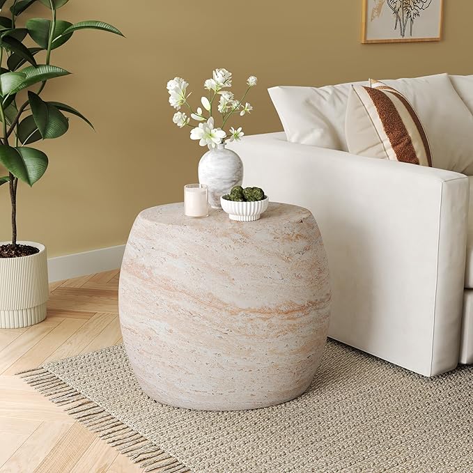 Christopher Knight Home Jayme 20.25" Indoor Outdoor Oval Accent Side Table, Patio Decorative End Table, Lightweight Concrete Garden Stool for Patio Living Room Balcony & Garden Decor, Travertine