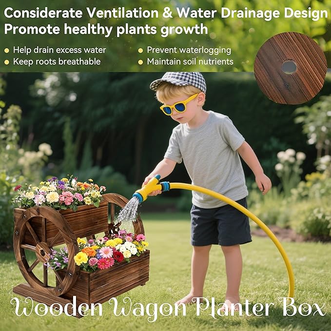 NestNature Wooden Wagon Planter Box,Raised Garden Bed,Decorative Garden Planters with Wheels-Outside Flower Pots for Indoor/Outdoor Décor Plants