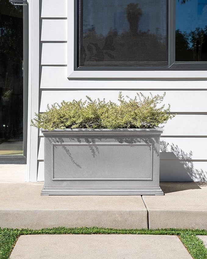 Veradek Brixton Series Large Plastic Planter - Gray, Outdoor, All-Weather Resistant, Dimensions 17.5"H x 16"W x 32"L, Classic Estate Design for Flowers, Trees, Shrubs
