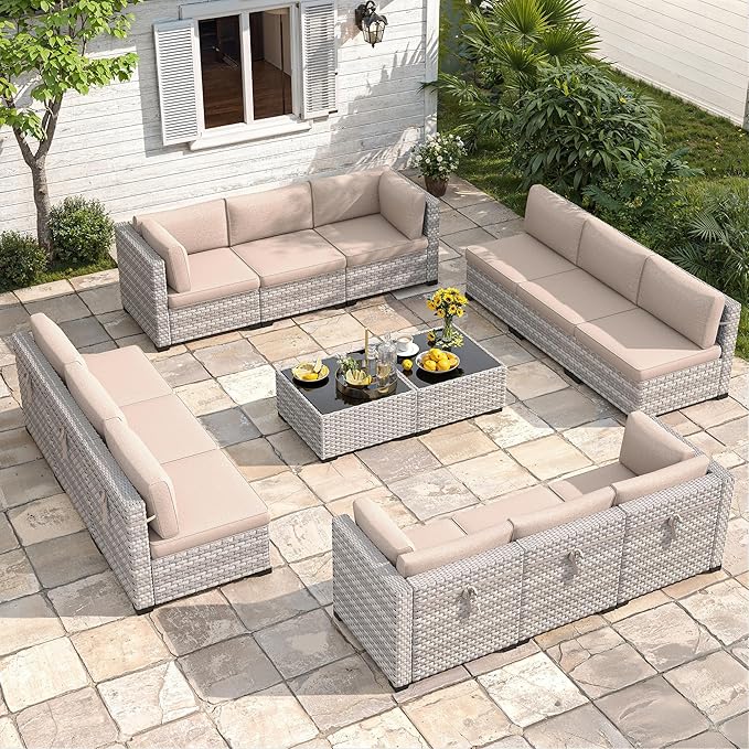 12-Seat Modular Patio Furniture Set – Outdoor Wicker Sectional Sofa with Thick 4″ Cushions, Dual-Strand PE Rattan, Rust-Resistant 18 mm Steel Frame, Backyard Garden Deck Lounge,Beige