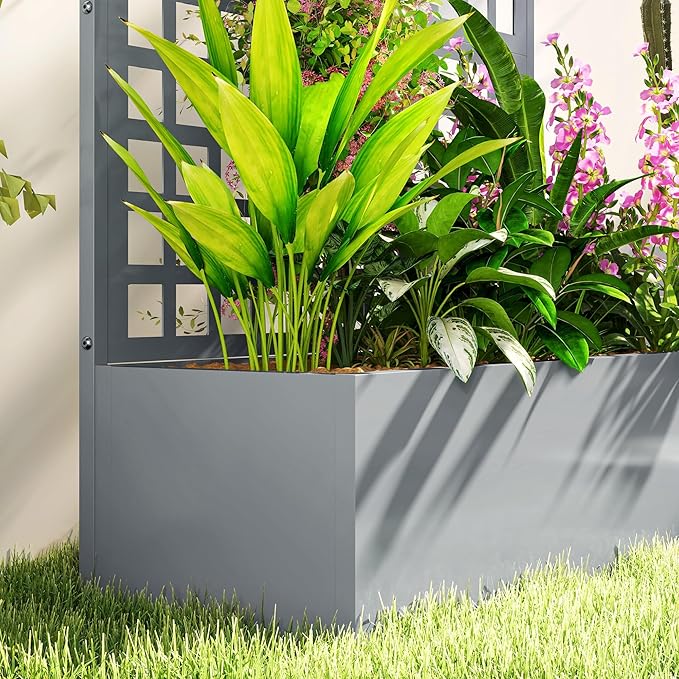 Outsunny Galvanized Raised Garden Bed with Trellis, Metal Planter Box with Drainage Holes, Outdoor Privacy Screen for Climbing Plants, Vegetable, Vines, 43" x 16" x 70", Gray Wood Effect