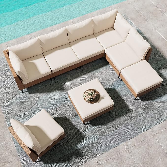 LAUSAINT HOME Outdoor Patio Furniture, 8 Piece Outdoor Sectional Sofa PE Rattan Wicker Patio Conversation Sets,All Weather Patio Furniture Set with Thick Cushions for Garden, Poolside, Backyard(Beige)