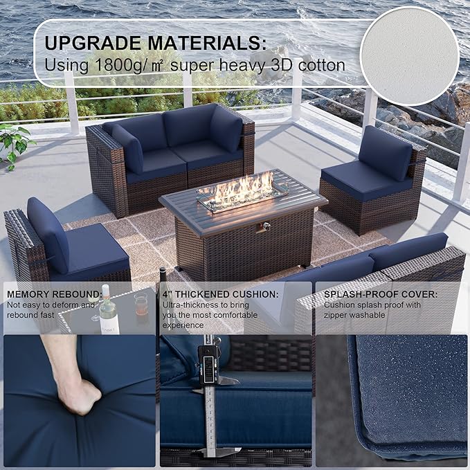 Kullavik 8 Pieces Outdoor Patio Furniture Set with 43" 55000BTU Gas Propane Fire Pit Table PE Wicker Rattan Sectional Sofa Patio Conversation Sets,Navy Blue