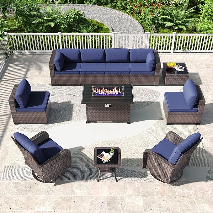 Kullavik 11 Pieces Outdoor Patio Furniture Set,PE Wicker Rattan Sectional Sofa Patio Conversation Sets with 43" 55000BTU Gas Propane Fire Pit Table,Swivel Rocking Chairs Set,Navy Blue