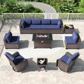 Kullavik 11 Pieces Outdoor Patio Furniture Set,PE Wicker Rattan Sectional Sofa Patio Conversation Sets with 43" 55000BTU Gas Propane Fire Pit Table,Swivel Rocking Chairs Set,Navy Blue
