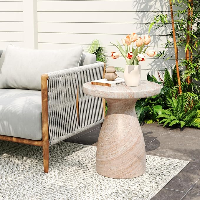 Christopher Knight Home Jayme 22.5" Indoor Outdoor Round Top Accent Side Table, Patio Decorative End Table, Lightweight Concrete Garden Stool for Patio Living Room Balcony & Garden Decor, Travertine