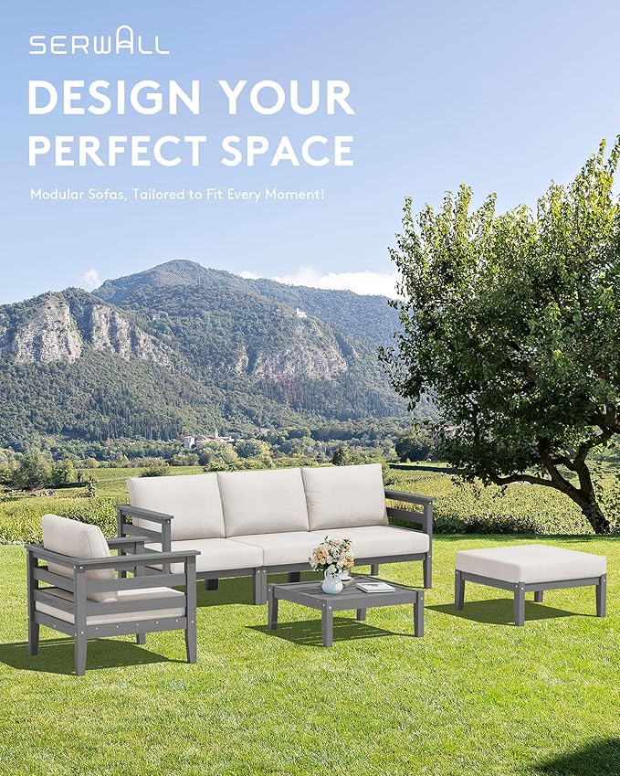 SERWALL HDPE Patio Furniture Set, 4 Pieces Outdoor Sectional Sofa Set, All-Weather Wood-Like Outdoor Sofa Couch with Coffee Table for Deck, Lawn, Grey Frame with Khaki Cushion