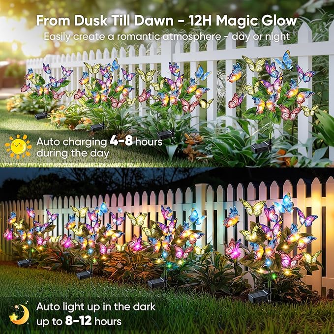 Solar Lights Outdoor Garden Decor: 2 Pack 34 Silk Butterflies with 44 Color-Changing LEDs - Auto On/Off 12H Magical Lighting IP65 Waterproof for Yard Patio Pathway - Unique Gifts for Mom Grandma