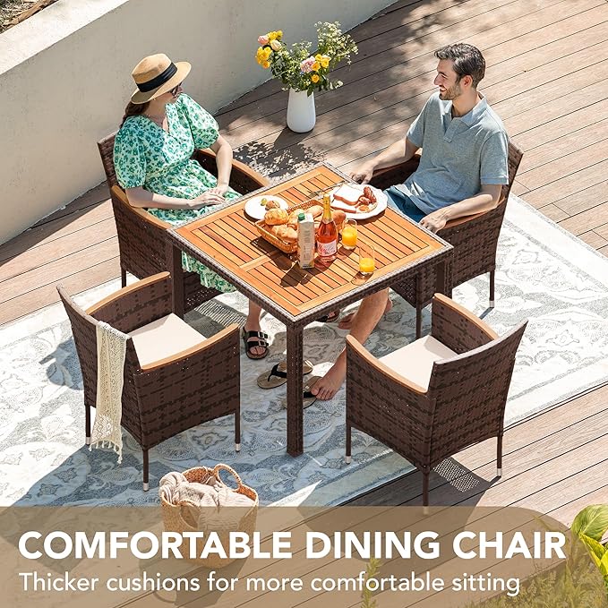 Devoko 5 PCS Furniture, Patio Conversation Set with Acacia Wood Top, Rattan Outdoor Dining Table and Chairs for Backyard, Garden, Deck, Brown