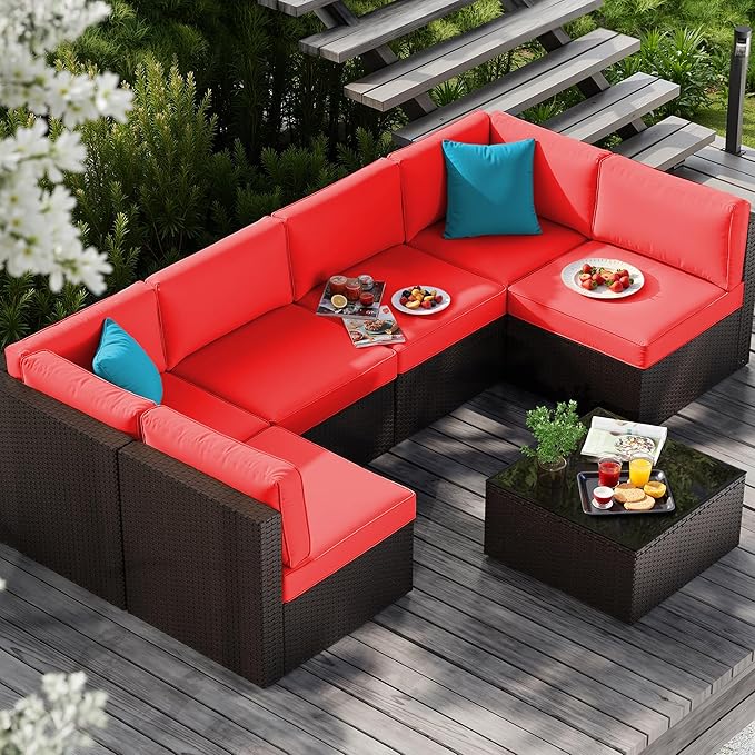 Vongrasig 7 Pieces Patio Furniture Sets, Outdoor All-Weather Wicker Patio Conversation Sets, L-Shaped Rattan Sectional Patio Sofa with Glass Table for Backyard, Red