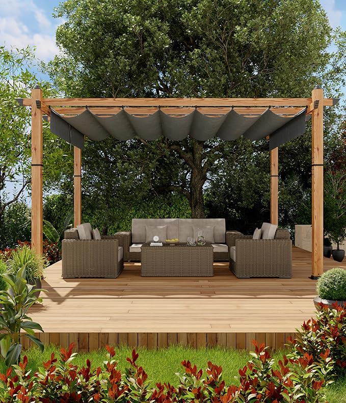 GarveeLife 10 x 13 ft Wood-Grain Aluminum Pergola with Retractable Waterproof Canopy UV Protection Rust-Resistant Sturdy 4-Side Base for Patio Garden Backyard Deck (Gray)