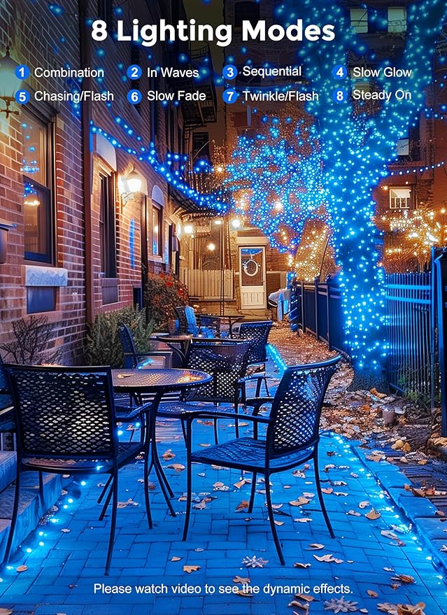 Minetom Solar String Lights for Outside, 33Ft 100 LED Outdoor Solar Fairy Lights, 8 Modes Balcony Lights for Tree Patio Christmas Party Wedding Decor (Blue)
