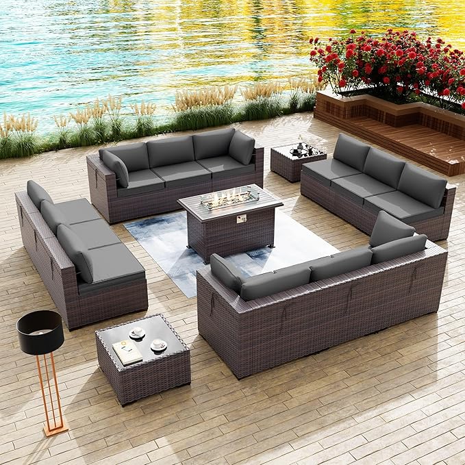 Kullavik 15 Pieces Outdoor Patio Furniture Set with 43" 55000BTU Gas Propane Fire Pit Table PE Wicker Rattan Sectional Sofa Patio Conversation Sets,Grey