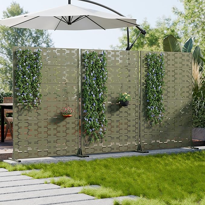 Casaphoria Metal Privacy Screen Outdoor, 72" H x 47" W Freestanding Decorative Privacy Screen for Patio Deck Balcony Garden with Stable Base, Grey-Brick