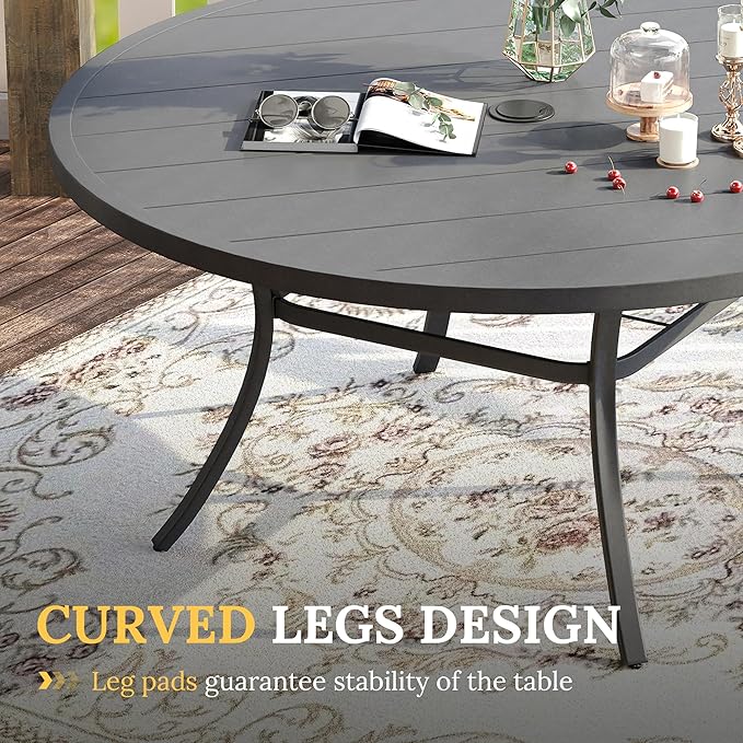 VICLLAX 63" Outdoor Round Patio Table with Umbrella Hole, All Weather Metal Round Outdoor Dining Table for Lawn Garden, 8-10 Person Table, Grey