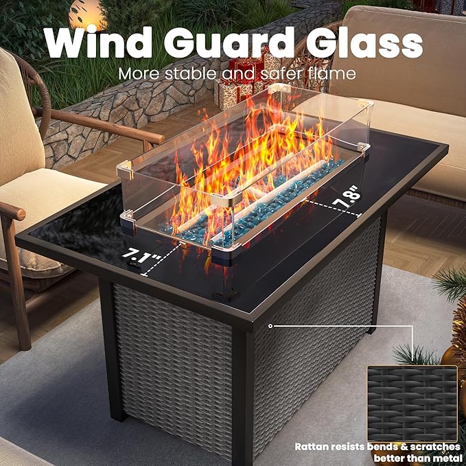 Outdoor Patio Furniture Set with 43'' Fire Pit Table, 8 Pcs Outdoor Patio Furniture Conversation Sets with 4in Thicken Cushion, Wicker Outdoor Sectional for Backyard, Garden, Balcony,Deck,Coffee/Beige
