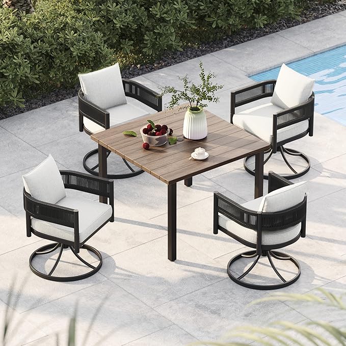 Grand patio 5-Piece Outdoor Dining Set for 4, Metal Woven Wicker Swivel Patio Chairs with Thickened Cushions & 1 Square Woodgrain Dining Table with Umbrella Hole for Backyard Deck (Black)