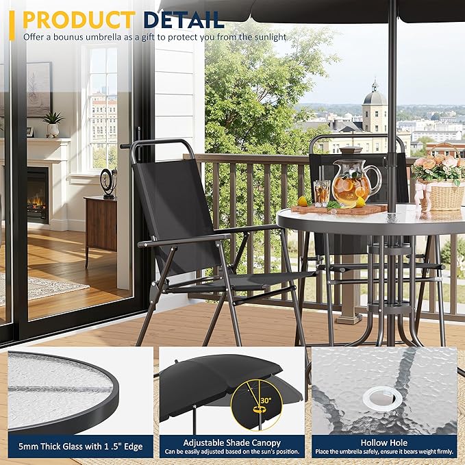Shintenchi 6 Piece Patio Dining Set with Umbrella, Outdoor Furniture Set with 4 Folding Chairs and Tempered Glass Top Dining Table fot Lawn Backyard Garden Porch Black