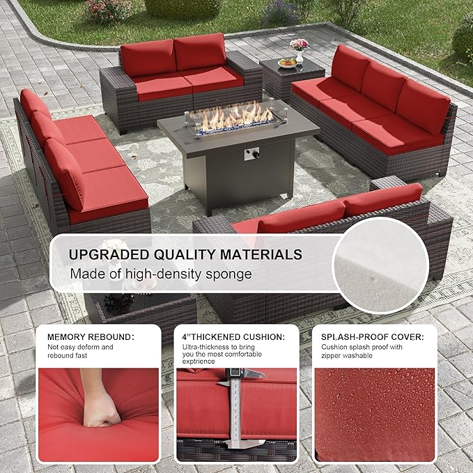 Kullavik 13PCS Outdoor Patio Furniture Set with 43" 55000BTU Gas Propane Fire Pit Table PE Wicker Rattan Sectional Sofa Patio Conversation Sets,Red