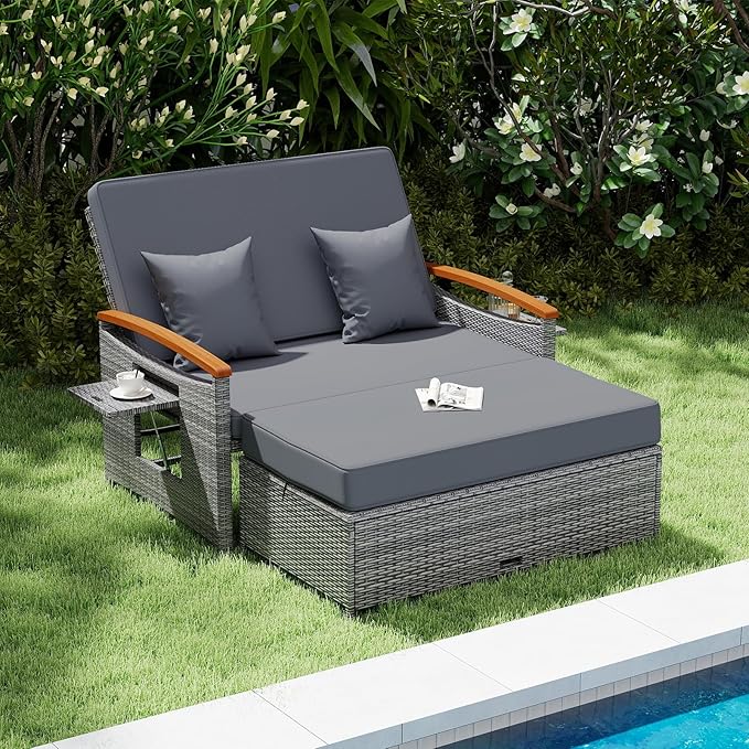 Tangkula Patio Rattan Daybed with 4-Level Adjustable Backrest, Outdoor Wicker Loveseat with Acacia Wood Armrest, Storage Ottoman & Folding Tray, Double Sunbed for Balcony, Backyard & Poolside (Grey)