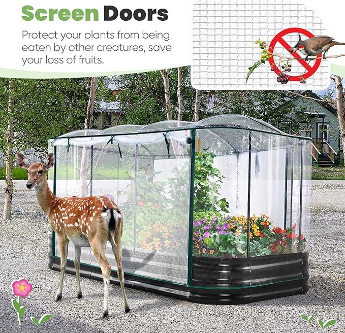 KING BIRD Raised Garden Bed with Cover Galvanized Oval Planter Garden Box 94.5x47.2x11.8 in, Clear, Outdoor for Gardening, Vegetables, Flowers