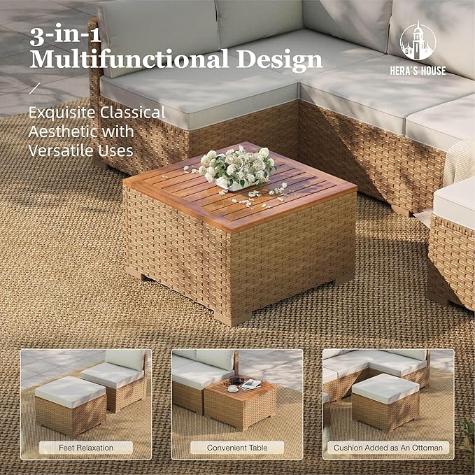 HERA'S HOUSE Wicker Patio Furniture Set, 7 Pieces Outdoor Sectional Sets with 6 Seats, Rattan Conversation Set with Sofa and Wood Coffee Table for Garden and Backyard, l Shape Boho Balcony Couch Set