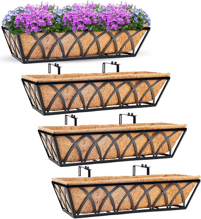 24in 4pcs Planter Box with Coco Liner, Rust-Resistant Metal Frame, Drainage Hole, Indoor/Outdoor Use, Black Finish