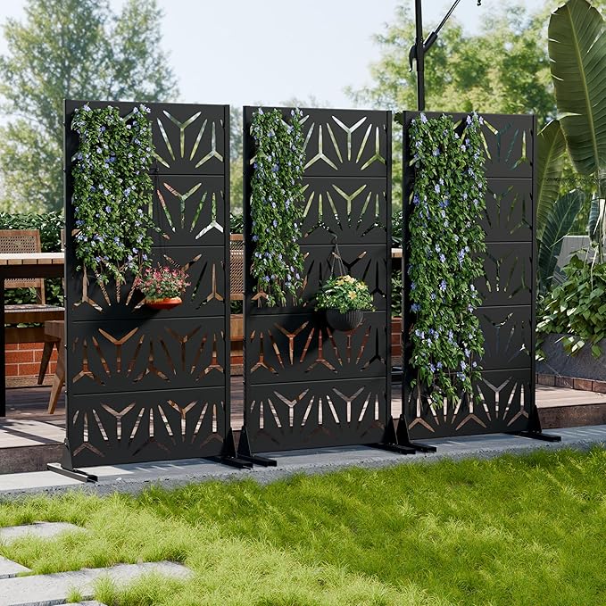 Casaphoria Metal Privacy Screen Outdoor, 60" H x 30" W Freestanding Decorative Privacy Screen for Patio Deck Balcony Garden with Stable Base, Black-Star