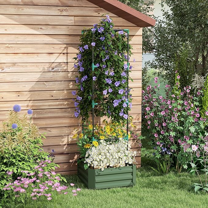 Outsunny Galvanized Raised Garden Bed, 73.5" Tall Outdoor Planter Box with Trellis Tomato Cage and Open Bottom for Climbing Vines, Vegetables, Flowers in Backyard, Garden, Patio, Green